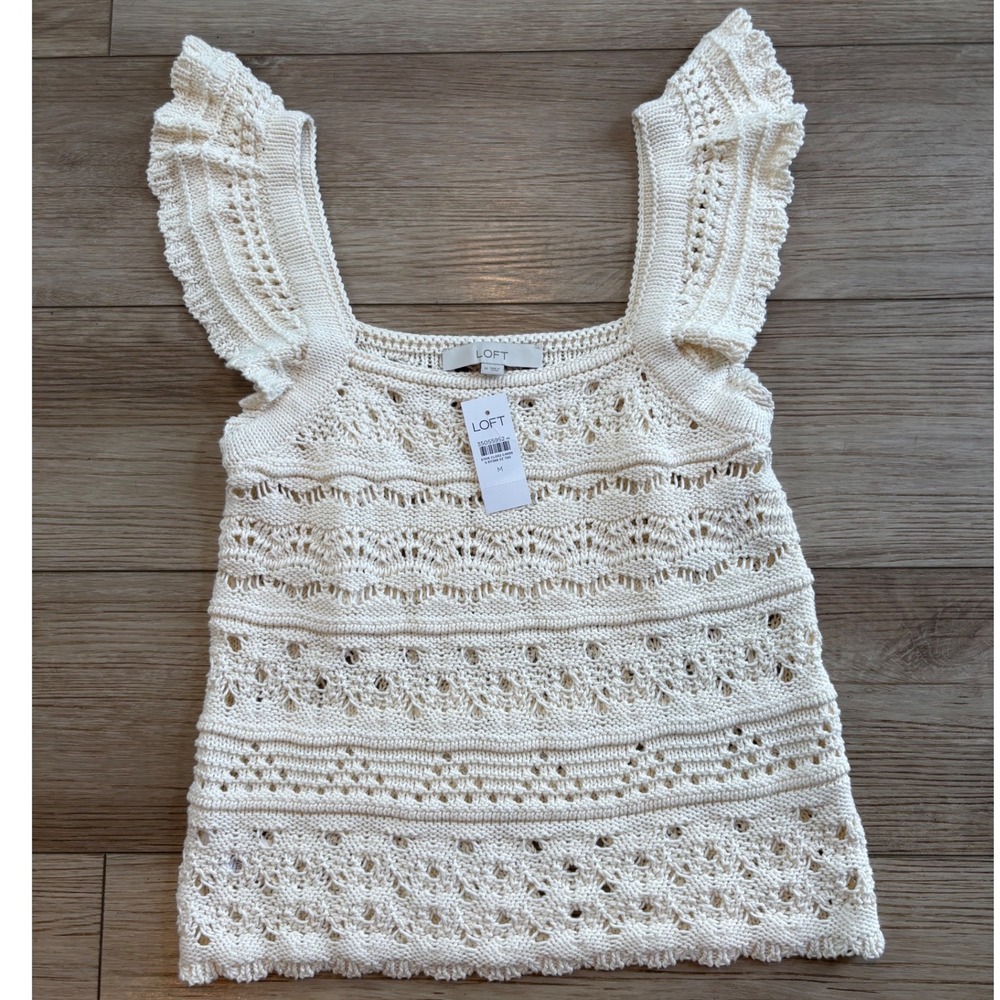 LOFT Womens White Pointelle Knit Ruffle Sleeve Crochet Top 100% Cotton NWT M